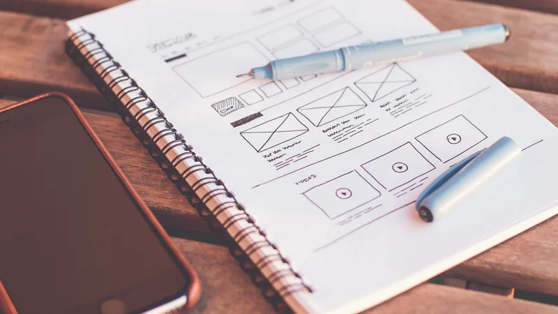 Notizbuch mit handgezeichneten Wireframes für eine Website neben Smartphone und Stift – Symbolbild für die Planung eines Website-Relaunches